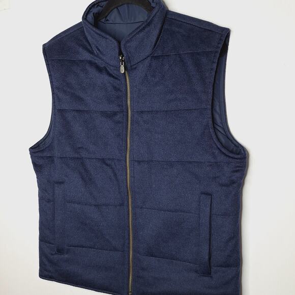 J. Hilburn Wool Puffer Vest 41R Medium Large Reversible Navy Blue Full Zip - Picture 2 of 11